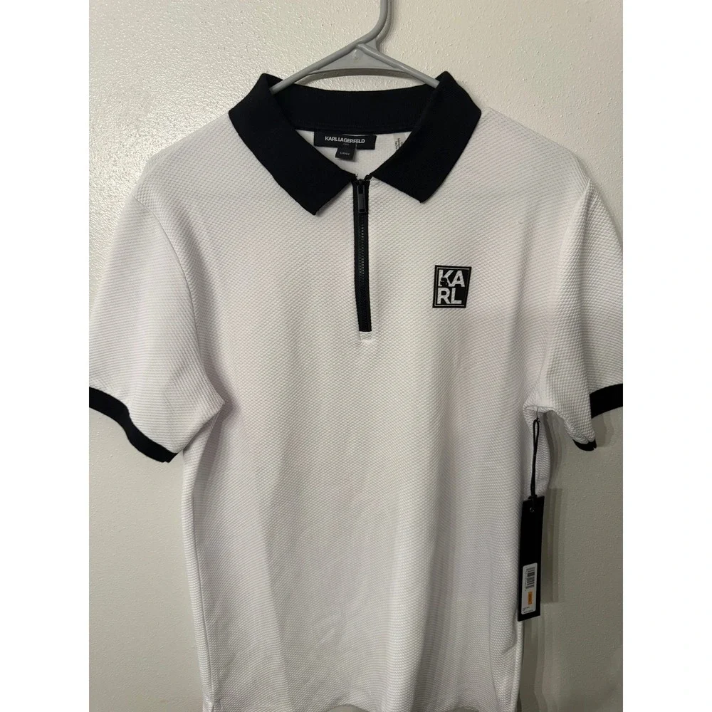 Karl‎ Lagerfeld Men's White Textured Zip Polo Shirt S/P CH Black Collar Trim